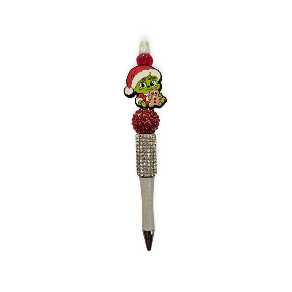 Baby Grinch Holding a gingerbread bread man Beaded bling pen